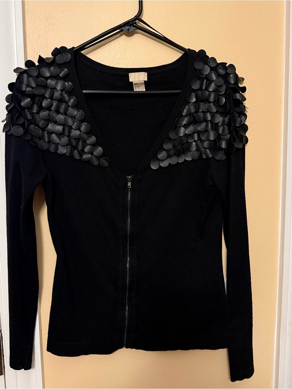 Black Zip Front Cardigan with Petal Shoulder Embellishments